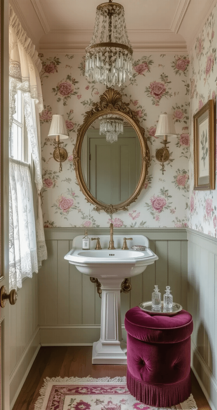 Cozy Bathroom Bliss: Transform Your Space into a Relaxing Retreat A vintage-inspired powder room featuring a pedestal sink with brass fixtures under an ornate oval mirror, illuminated by mid-afternoon sunlight filtering through lace curtains, with floral wallpaper, a plush burgundy ottoman, a crystal chandelier, and decorative botanical prints.