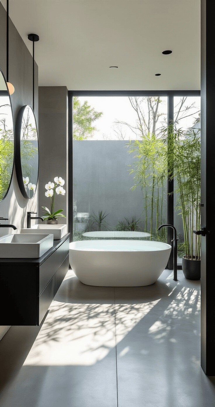 Cozy Bathroom Bliss: Transform Your Space into a Relaxing Retreat Modern minimalist bathroom featuring floor-to-ceiling windows overlooking a zen garden, polished concrete floors reflecting early morning light, a floating matte black double vanity with oversized mirrors, a freestanding white soaking tub positioned diagonally, gray accent wall tiles, a potted bamboo plant, and a simple orchid on the vanity, all captured from a corner angle to highlight the expansive feel and connection to nature.
