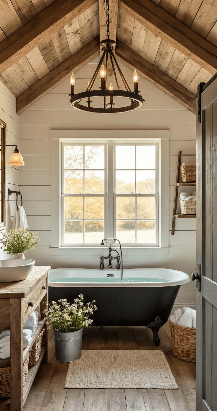 Cozy Bathroom Bliss: Transform Your Space into a Relaxing Retreat A rustic farmhouse bathroom featuring a clawfoot tub, reclaimed wood vanity, and vintage decor, illuminated by warm golden light streaming through high windows, with exposed wooden beams and a chandelier made from a wagon wheel.