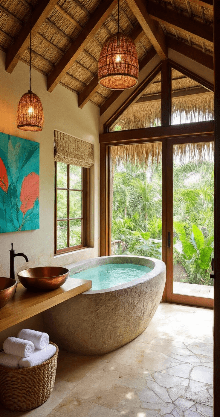 Cozy Bathroom Bliss: Transform Your Space into a Relaxing Retreat Luxurious tropical resort bathroom featuring a vaulted thatched ceiling, open-air shower, large natural stone soaking tub with a view of greenery, teak wood double vanity with hammered copper sinks, and rattan pendant lights, all bathed in bright midday sun with vibrant indoor/outdoor flow.