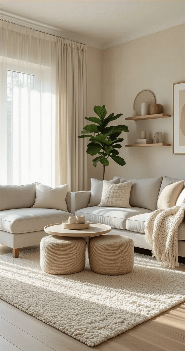 Cozy Chic: Transform Your Small Apartment Living Room into a Snug Haven A cozy 12x14 ft living room filled with soft morning light, featuring a gray linen sofa, a plush cream rug, curated decor on floating shelves, a round nesting coffee table, and a fiddle leaf fig plant, all set against warm ivory walls and light wood floors. Small Apartment Living Room