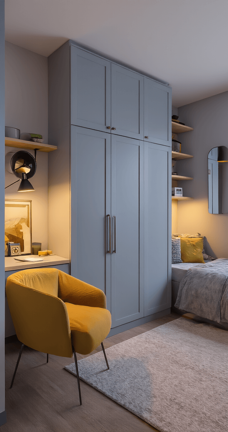 A cozy 10x12 ft studio apartment living area at dusk, featuring a sleek wall bed, built-in light oak storage cabinets, a compact glass desk, and warm ambient lighting. The soft gray and blue color palette is accented with mustard yellow, and a large mirror enhances the space. The high corner camera angle showcases the multifunctional layout and clever storage solutions.