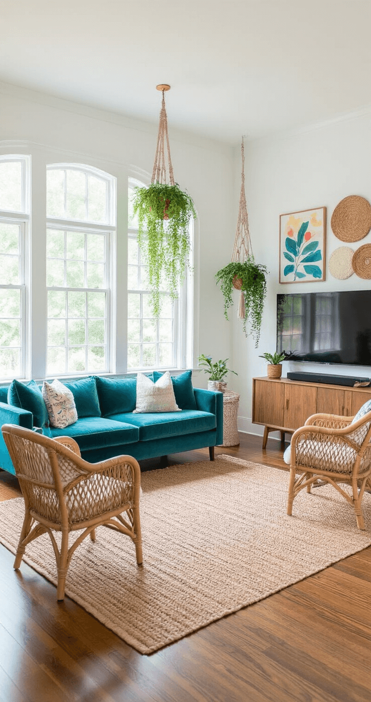 A bright and airy 11x13 ft living room featuring white walls, rich hardwood floors, a teal velvet loveseat, rattan accent chairs, and a jute rug. Hanging plants and colorful artwork add a bohemian touch, with natural light enhancing the room's eclectic style.