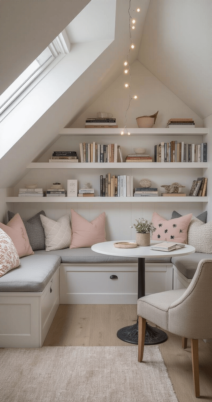 Cozy attic living nook with white slanted ceilings, custom-built window seat with patterned cushions, floating shelves with books and knick-knacks, small round table with two chairs, soft blush, gray, and cream tones, and twinkling string lights, viewed from the top of the stairs.