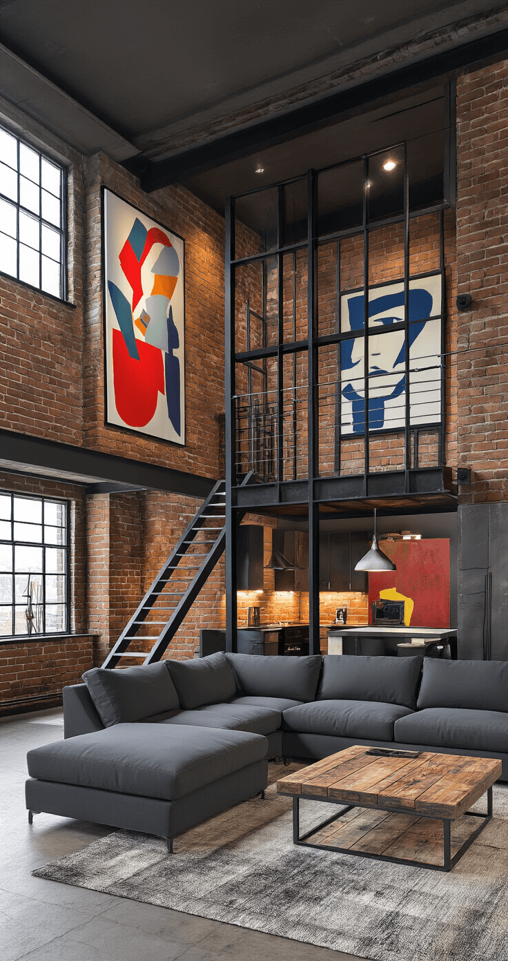 A modern urban loft living area featuring exposed brick walls, industrial-style windows, and a charcoal gray sectional sofa. A reclaimed wood coffee table complements the space, while a metal and glass room divider separates the living area from the kitchen. Bold modern art pieces add color against the neutral backdrop, alongside a ladder-style bookshelf. The camera captures the vertical space and open layout with dramatic lighting enhancing the textures.