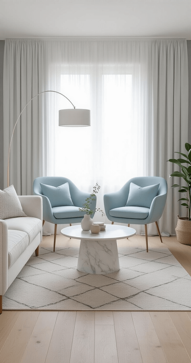 Tranquil Scandinavian-inspired living room featuring dove gray walls, light oak flooring, a minimalist white sofa, pale blue accent chairs, and a round marble coffee table, accented with a geometric area rug, sheer curtains, and modern decor.