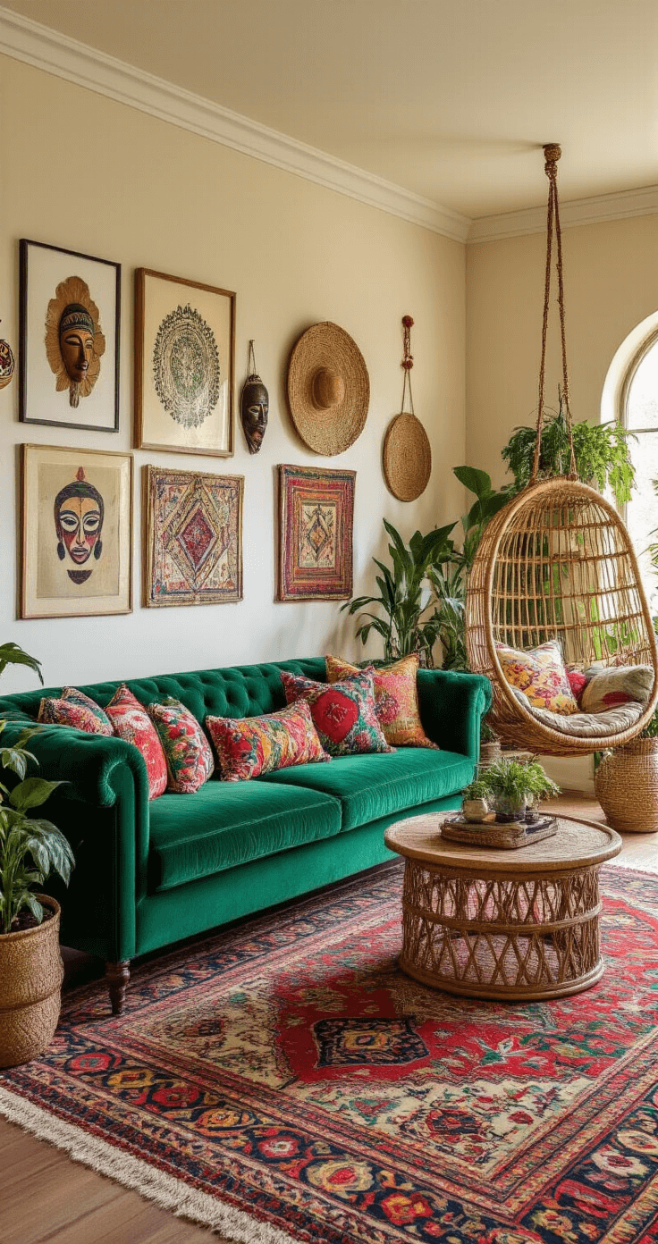 A vibrant boho-chic living room featuring a deep emerald green velvet sofa with colorful pillows, a vintage Persian rug, rattan furniture, eclectic wall art, and lush potted plants, all illuminated with warm golden lighting.