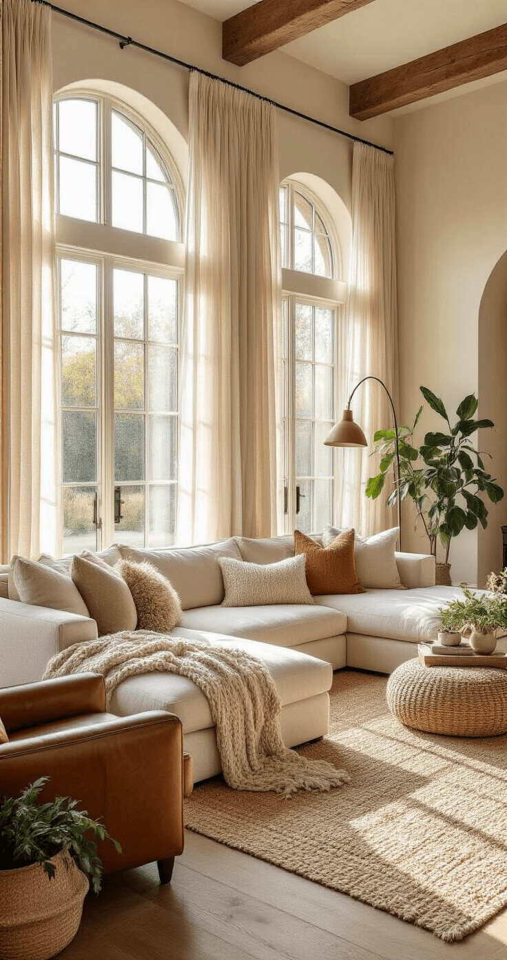 Cozy Room Decor: Creating a Warm and Inviting Space A sunlit living room featuring high vaulted ceilings, exposed wooden beams, a cream-colored sectional with textured pillows, a cozy leather armchair and floor lamp, layered rugs, potted plants, and a gallery wall, all bathed in warm, golden light.