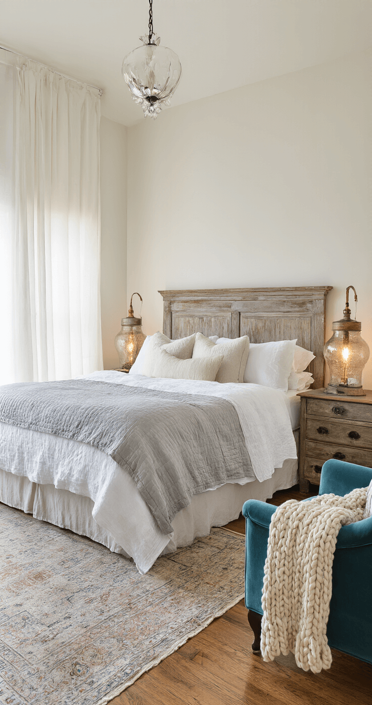 Cozy Room Decor: Creating a Warm and Inviting Space A cozy 10x12 ft bedroom with a king-size bed, decorated in white and dove grey linens, vintage nightstands with warm lamps, a deep teal velvet armchair with an oatmeal throw, a faded Persian rug, and cascading trailing plants from macramé hangers, bathed in soft morning light.