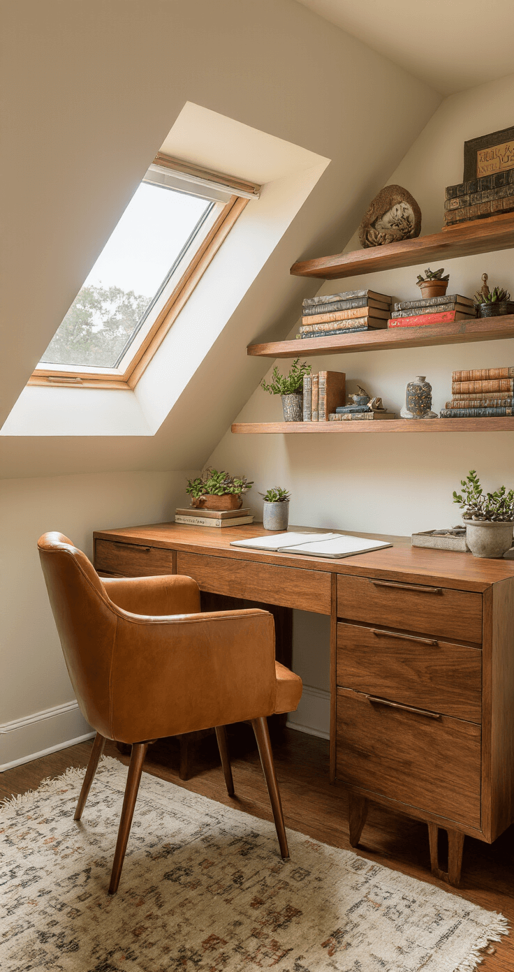 Cozy Room Decor: Creating a Warm and Inviting Space Cozy attic home office nook with slanted ceilings, warm light from dormer window, walnut writing desk, mid-century leather chair, floating shelves with vintage books and knick-knacks, geometric plush rug, floor lamp, and cork board with quotes and photos.