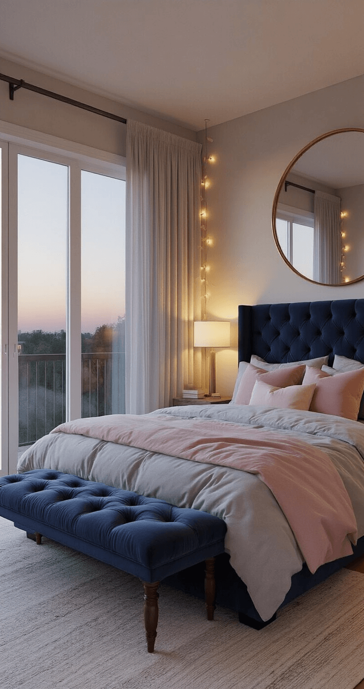 Cozy Room Decor: Creating a Warm and Inviting Space Serene master bedroom at twilight with king-size platform bed in soft grey and blush linens, navy tufted velvet bench, sheer curtains, large round mirror, blush armchair in reading nook, and potted plants, illuminated by bedside lamps and string lights.