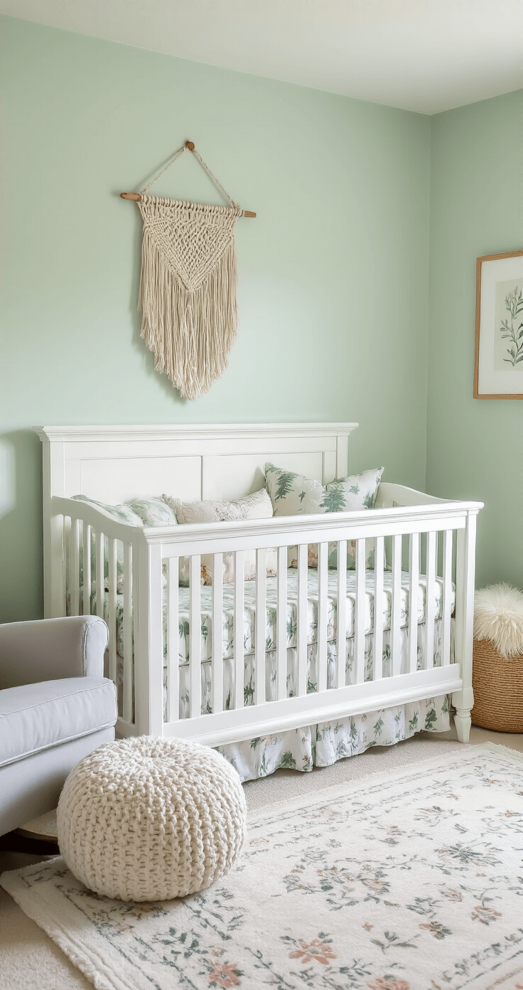 Cozy Room Decor: Creating a Warm and Inviting Space A cozy nursery featuring pale mint green walls, white furniture, a classic crib with woodland print bedding, a macramé wall hanging, plush grey glider chair, fuzzy pouf ottoman, layered jute and faux sheepskin rugs, and floating shelves with children's books and decor, all bathed in soft daylight.