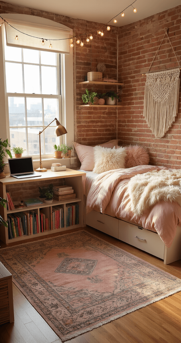 Cozy Dorm Room: Your Ultimate Guide to Creating a Stylish and Functional Space A cozy dorm room with exposed brick walls, a lofted twin bed in blush pink and cream, a compact desk with a sleek laptop, string lights overhead, and a macramé wall hanging, evoking a warm and inviting atmosphere.