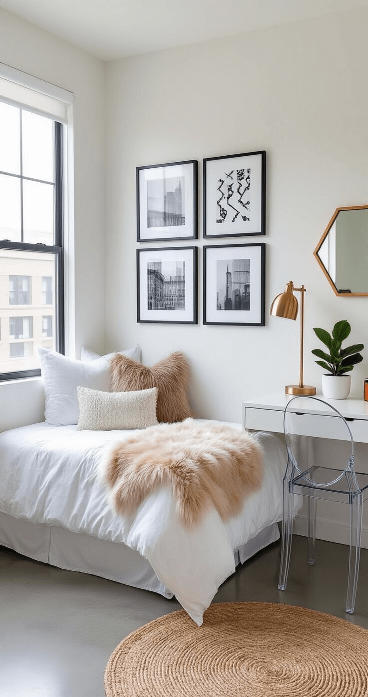 Cozy Dorm Room: Your Ultimate Guide to Creating a Stylish and Functional Space A chic dorm room corner featuring a plush twin bed with white linens, a gallery wall of black and white prints, and a sleek ghost chair under a floating desk, illuminated by bright morning light. Decor includes rose gold accents, a brass lamp, a fiddle leaf fig, and a jute rug on polished concrete flooring.