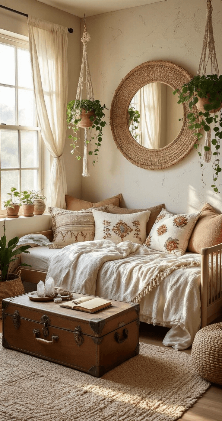 Cozy Dorm Room: Your Ultimate Guide to Creating a Stylish and Functional Space A cozy boho-inspired dorm room nook featuring a daybed with earth-toned linens and pillows, surrounded by sheer-curtained light from a small window. A rattan mirror hangs above, with macramé plant hangers suspending greenery, and a wooden trunk serves as a coffee table adorned with crystals and a journal.
