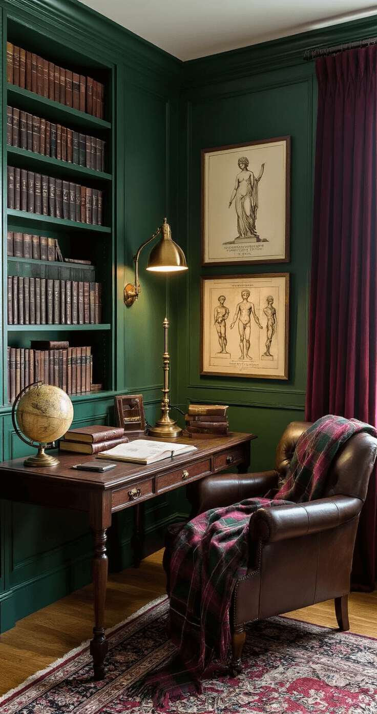 Cozy Dorm Room: Your Ultimate Guide to Creating a Stylish and Functional Space A dark academia-themed study area with deep green walls, built-in bookshelves filled with leather-bound books, and warm lamplight from a vintage brass desk lamp illuminating a wooden desk. Nearby, an oversized leather armchair draped with a tartan throw complements art prints of classical sculptures on the walls. A floor-to-ceiling window with burgundy velvet curtains and a worn oriental rug on the hardwood floor contribute to the somber mood, captured from a low angle to emphasize the towering shelves.