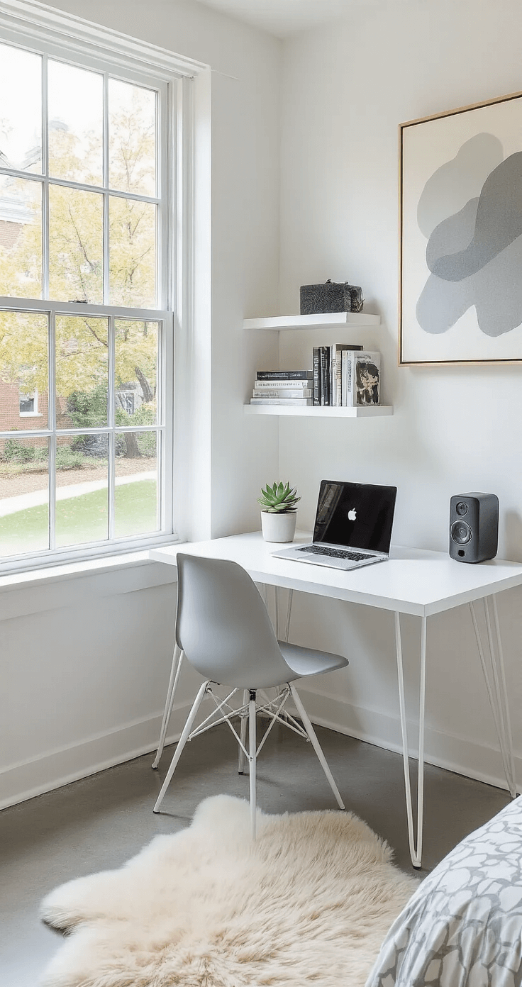 Cozy Dorm Room: Your Ultimate Guide to Creating a Stylish and Functional Space A minimalist dorm room workspace featuring a sleek white desk with a MacBook Air and a potted succulent, an Eames-style chair, floating shelves with art books and a Bluetooth speaker, a large abstract canvas, and a small sheepskin rug on polished concrete flooring, all under bright, even lighting.