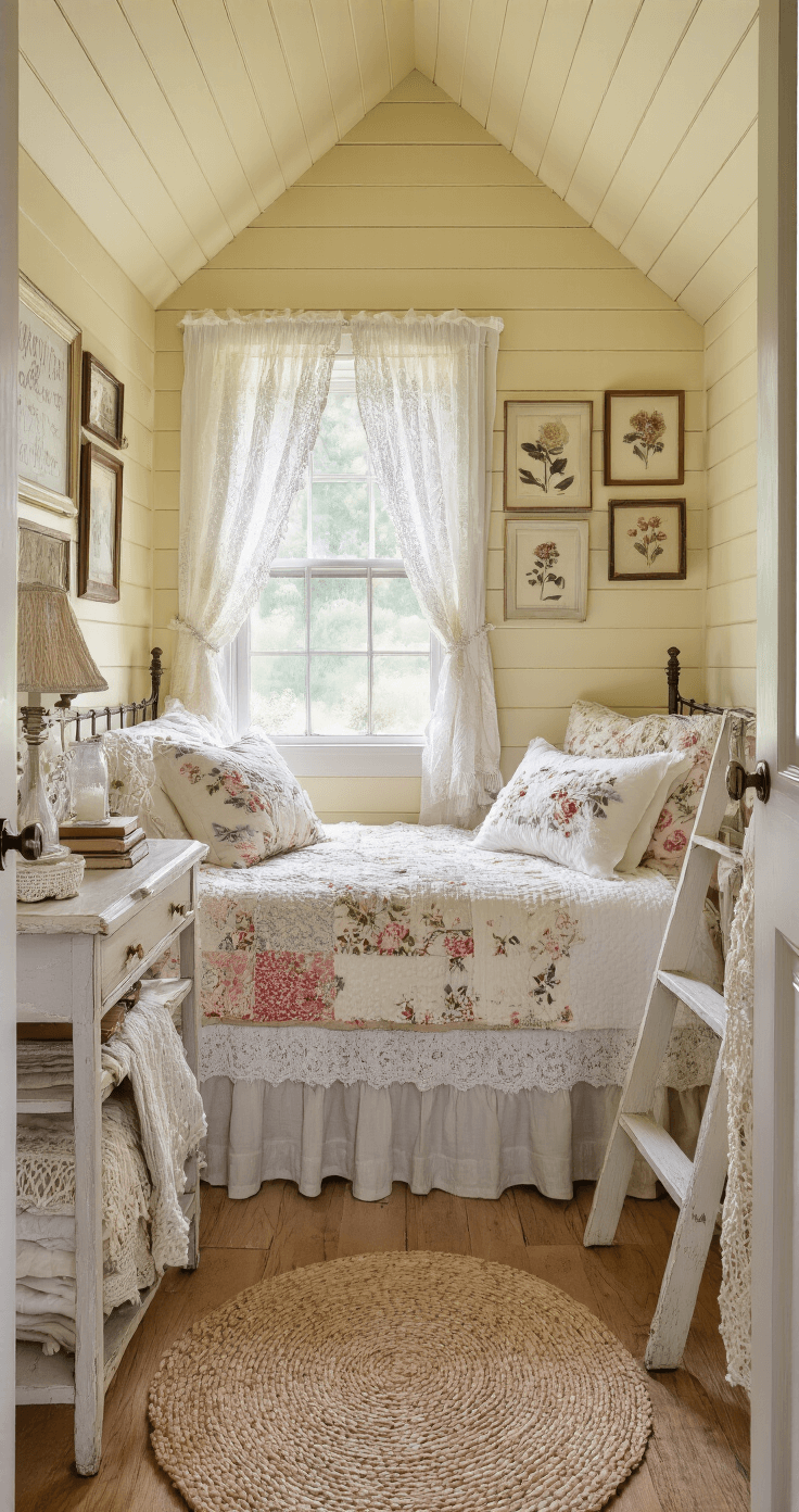 Cozy Dorm Room: Your Ultimate Guide to Creating a Stylish and Functional Space A cozy cottage-inspired dorm room sleeping nook featuring pale yellow shiplap walls and a small dormer window. Soft morning light filters through sheer lace curtains onto a wrought iron twin bed dressed in vintage floral quilts and embroidered pillowcases. A weathered wooden nightstand holds a milk glass lamp and classic novels, while a whimsical gallery of pressed flower art hangs above. A distressed white ladder draped with crocheted blankets leans against the wall, and a braided rag rug in pastel hues partially covers the wide-plank pine floor.
