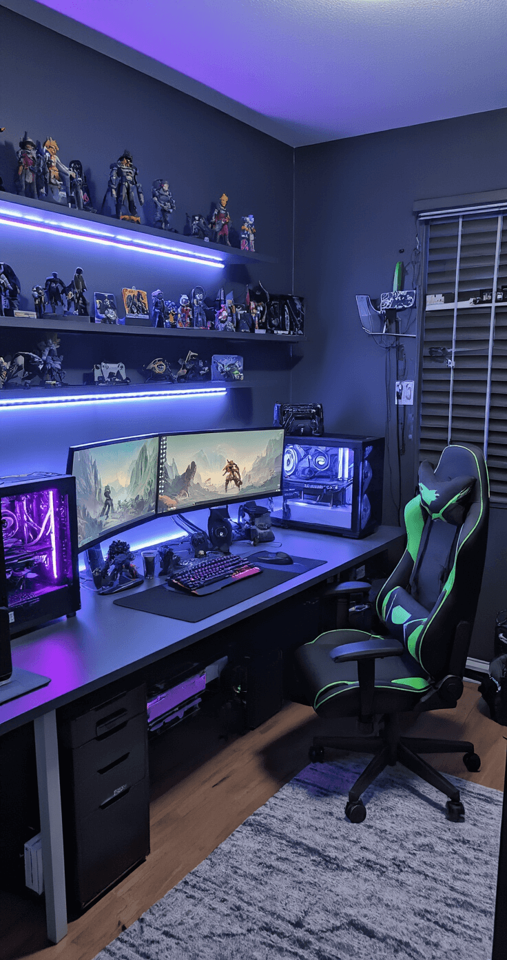 Cozy Dorm Room: Your Ultimate Guide to Creating a Stylish and Functional Space A tech-savvy gamer's dorm room featuring charcoal gray walls, multiple glowing screens, a triple monitor setup on an L-shaped desk, a gaming PC with a transparent case, neon blue and purple LED strips, an ergonomic chair, floating shelves with collectibles, a mounted TV, and a futon, all depicted in a dramatic low-angle shot.
