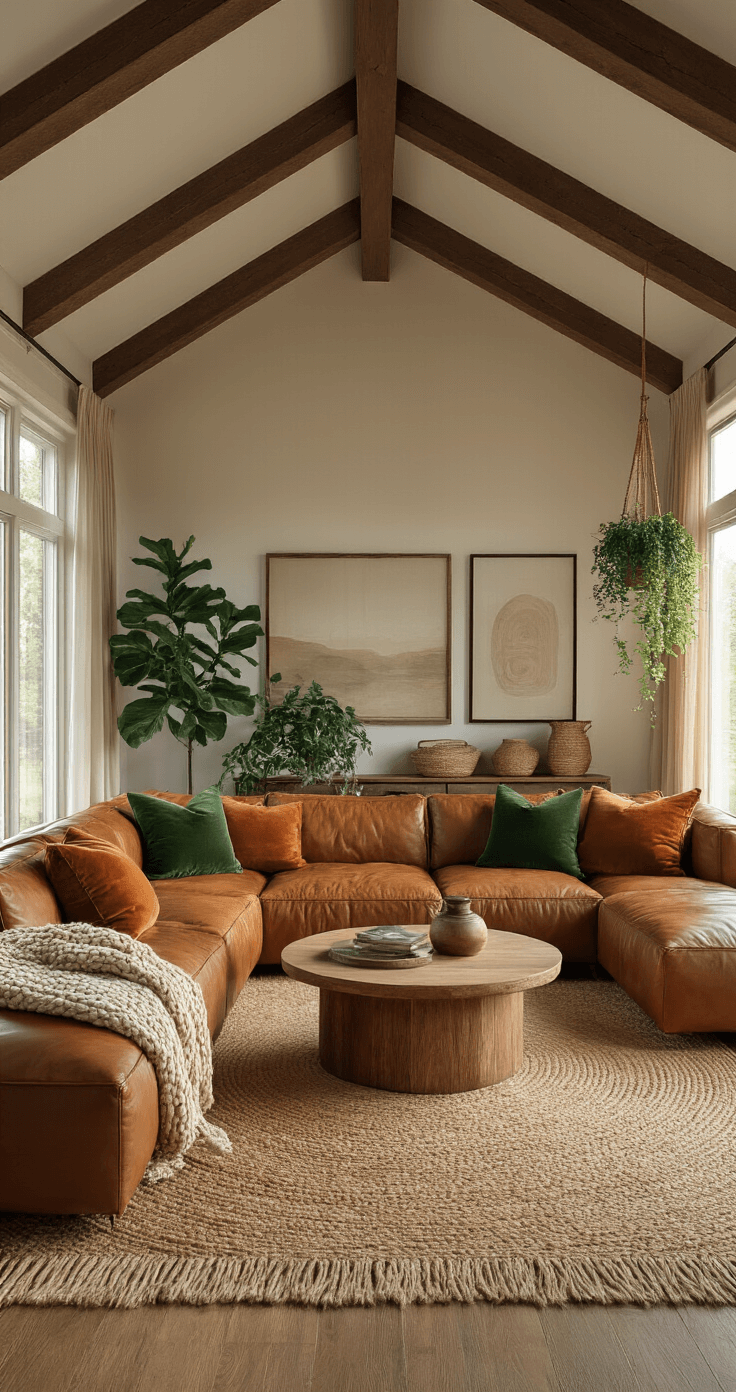 Cozy Living Room Magic: Transform Your Space into a Warm Retreat A sunlit living room featuring vaulted ceilings and wooden beams, with a cognac leather sectional, layered rugs, greenery, and earth-toned decor, viewed from the entrance.