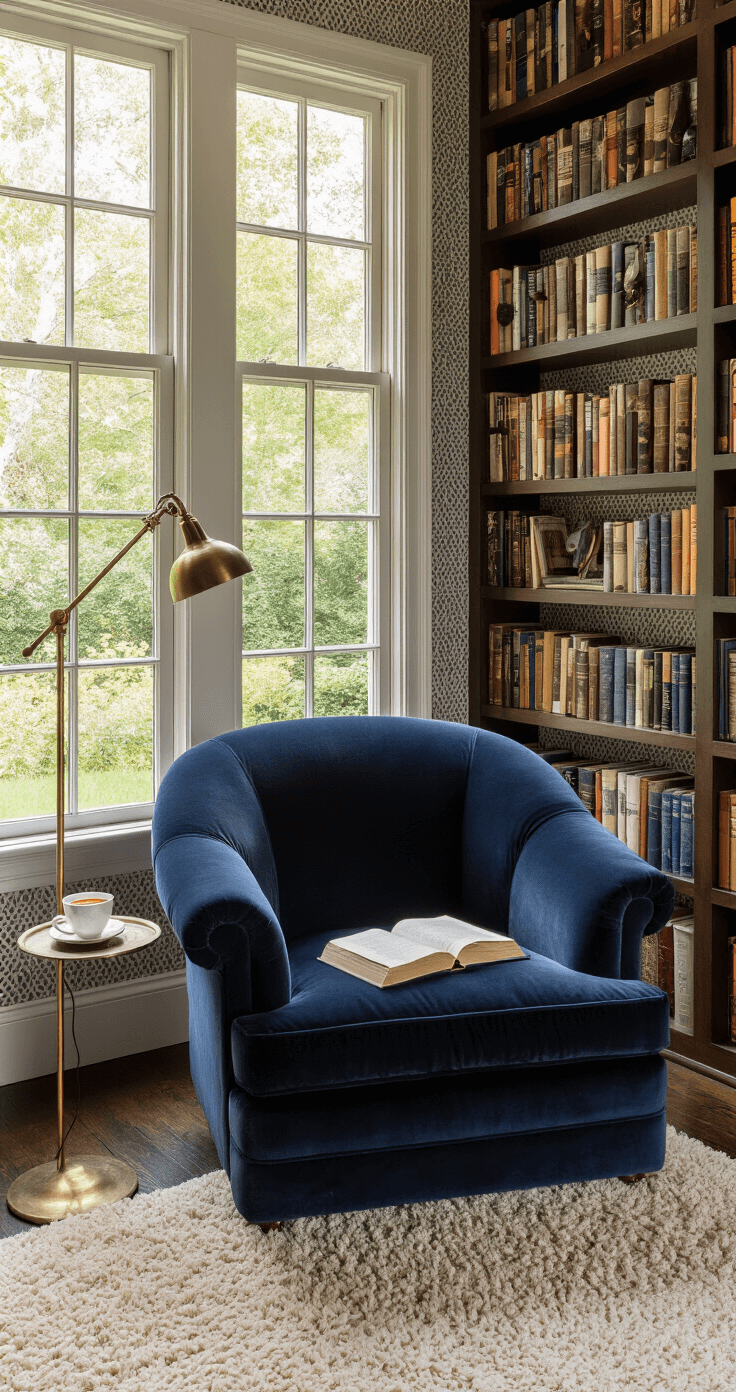Cozy Living Room Magic: Transform Your Space into a Warm Retreat Cozy reading nook with floor-to-ceiling bookshelves, a bay window view of a garden, a navy velvet armchair, brass floor lamp, steaming tea, and well-worn book, all bathed in warm dusk light.