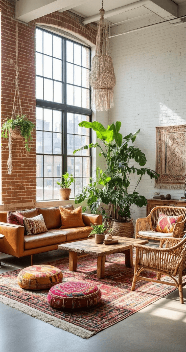Cozy Living Room Magic: Transform Your Space into a Warm Retreat A spacious open-concept living area featuring exposed brick walls, polished concrete floors, and bright natural light, furnished with a low-profile leather sofa, rattan armchairs, a reclaimed wood coffee table, colorful Moroccan poufs, and a vibrant kilim rug, complemented by hanging macramé planters and a large monstera plant.