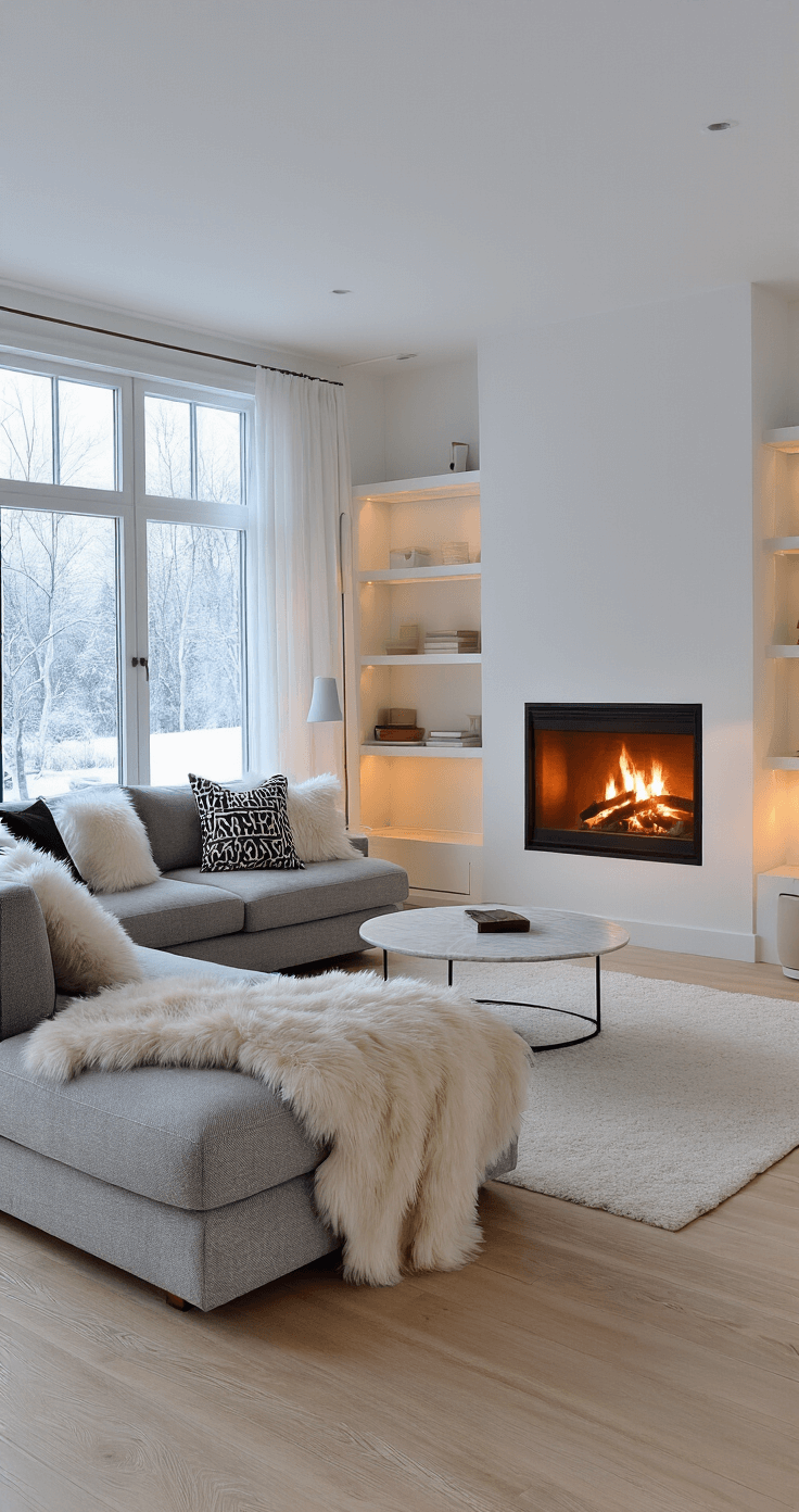 Cozy Living Room Magic: Transform Your Space into a Warm Retreat A cozy Scandinavian-inspired living room featuring a modern wood-burning fireplace, plush gray sectional with faux fur throws, minimalist décor in built-in shelving, and a round marble coffee table, all illuminated by warm lighting on a snowy evening.
