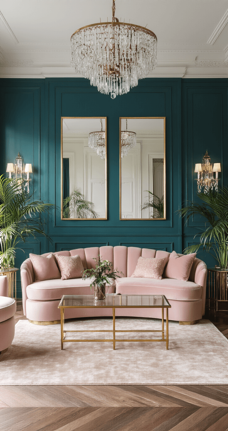 Cozy Living Room Magic: Transform Your Space into a Warm Retreat Elegant living room with Art Deco influences, featuring deep teal walls, a blush pink curved velvet sofa, brass side tables, and a glass coffee table on chevron-patterned wood flooring, partially covered by a silk rug, illuminated by crystal chandeliers and sconces, with potted palms in ornate planters.
