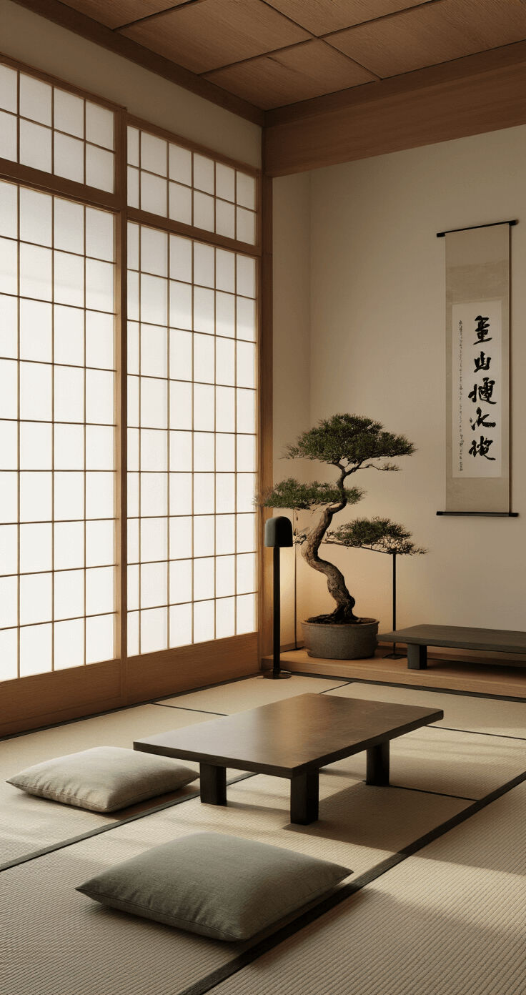 Cozy Living Room Magic: Transform Your Space into a Warm Retreat A serene Japanese-inspired living space with tatami mats, shoji screens, a low wooden table, and floor cushions, all bathed in late morning light, emphasizing natural wood tones and muted earth colors. A bonsai tree and a calligraphy scroll add authentic touches. The camera angle highlights the room's horizontal lines and zen-like simplicity.