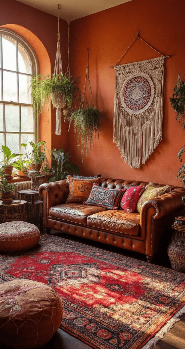 Cozy Living Room Magic: Transform Your Space into a Warm Retreat A bohemian living room featuring warm terracotta walls, a vintage leather Chesterfield sofa with jewel-toned pillows, layered Persian rugs on dark hardwood floors, mismatched side tables with global artifacts, macramé wall hangings, and a dreamcatcher, all illuminated by golden hour sunlight.