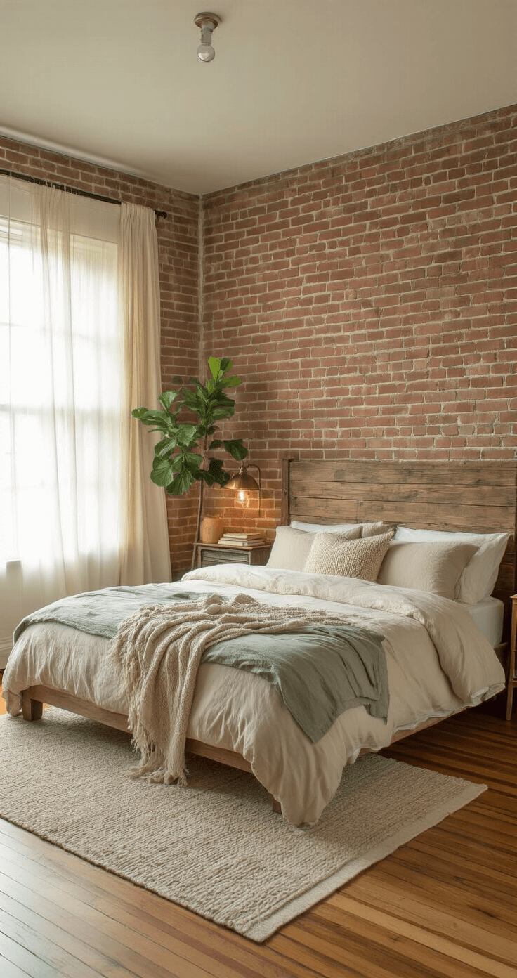 Creating a Small Cozy Bedroom: Your Personal Retreat in 2-4 Hours A sunlit bedroom with exposed brick walls, hardwood floors, a queen-sized bed dressed in cream and taupe linens, a vintage ladder nightstand, fairy lights, and a fiddle leaf fig plant in the corner, captured from the doorway.