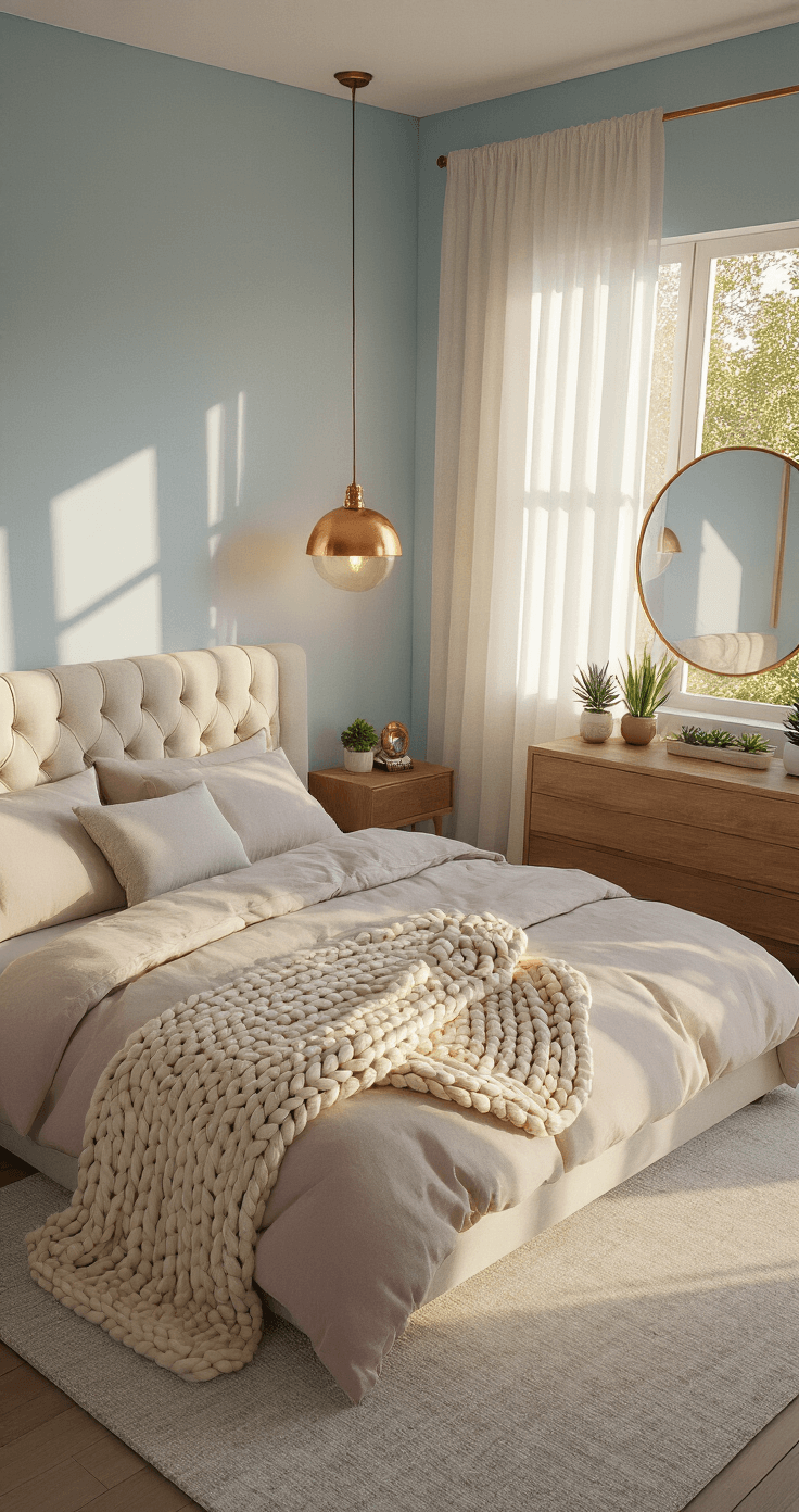 Creating a Small Cozy Bedroom: Your Personal Retreat in 2-4 Hours A cozy 8x10ft bedroom featuring a full-sized bed with tufted linen headboard, layered grey and blush pink bedding, and a cream chunky knit throw. Warm golden hour light filters through gauzy curtains, casting shadows on pale blue walls. Copper pendant lights flank the bed, while a mid-century modern dresser with a round mirror and succulents adds charm, all viewed from an overhead angle.