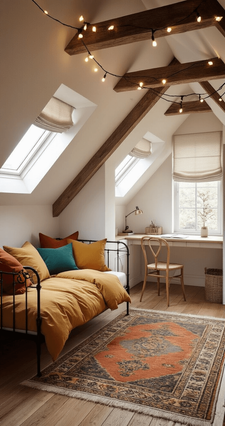 Creating a Small Cozy Bedroom: Your Personal Retreat in 2-4 Hours A cozy attic bedroom with slanted ceilings, dormer windows, and warm white walls, featuring a wrought iron daybed with colorful pillows, a Moroccan-inspired rug, string lights, and a small writing desk, all illuminated by soft afternoon light.