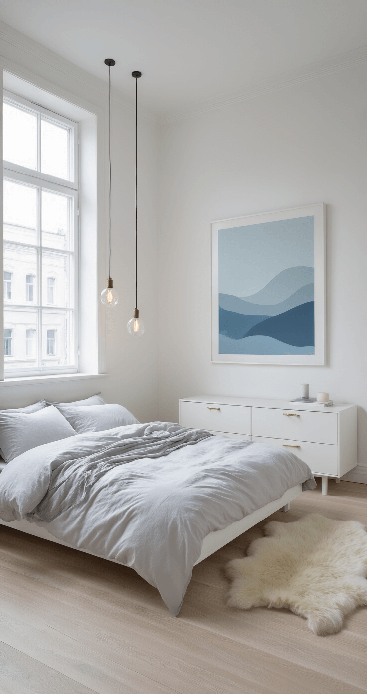 Creating a Small Cozy Bedroom: Your Personal Retreat in 2-4 Hours Minimalist Scandinavian bedroom with white walls and pale ash flooring, featuring a low-profile platform bed with white linens, an oversized abstract art piece above, simple pendant lights, a white dresser, and a sheepskin rug, illuminated by early morning light.