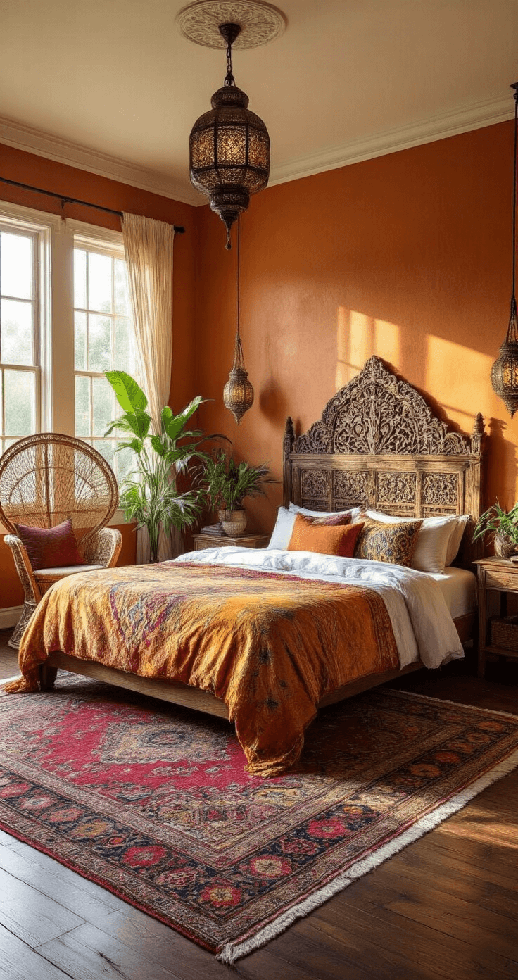 Creating a Small Cozy Bedroom: Your Personal Retreat in 2-4 Hours A vibrant boho-chic bedroom featuring warm terracotta walls, dark hardwood floors, a king-sized bed with a carved wooden headboard, eclectic textiles in saffron and emerald, macramé wall hangings, and a cozy rattan peacock chair, all bathed in golden afternoon light.
