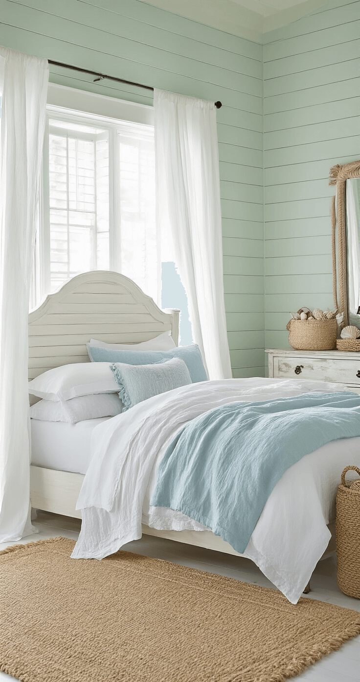 Creating a Small Cozy Bedroom: Your Personal Retreat in 2-4 Hours A serene coastal-inspired bedroom with pale sea foam green shiplap walls, a queen-sized bed dressed in white and soft blue linens, billowing white curtains, a distressed white dresser with seashells, woven baskets, a jute rug, and a large rope-framed mirror reflecting soft morning light.