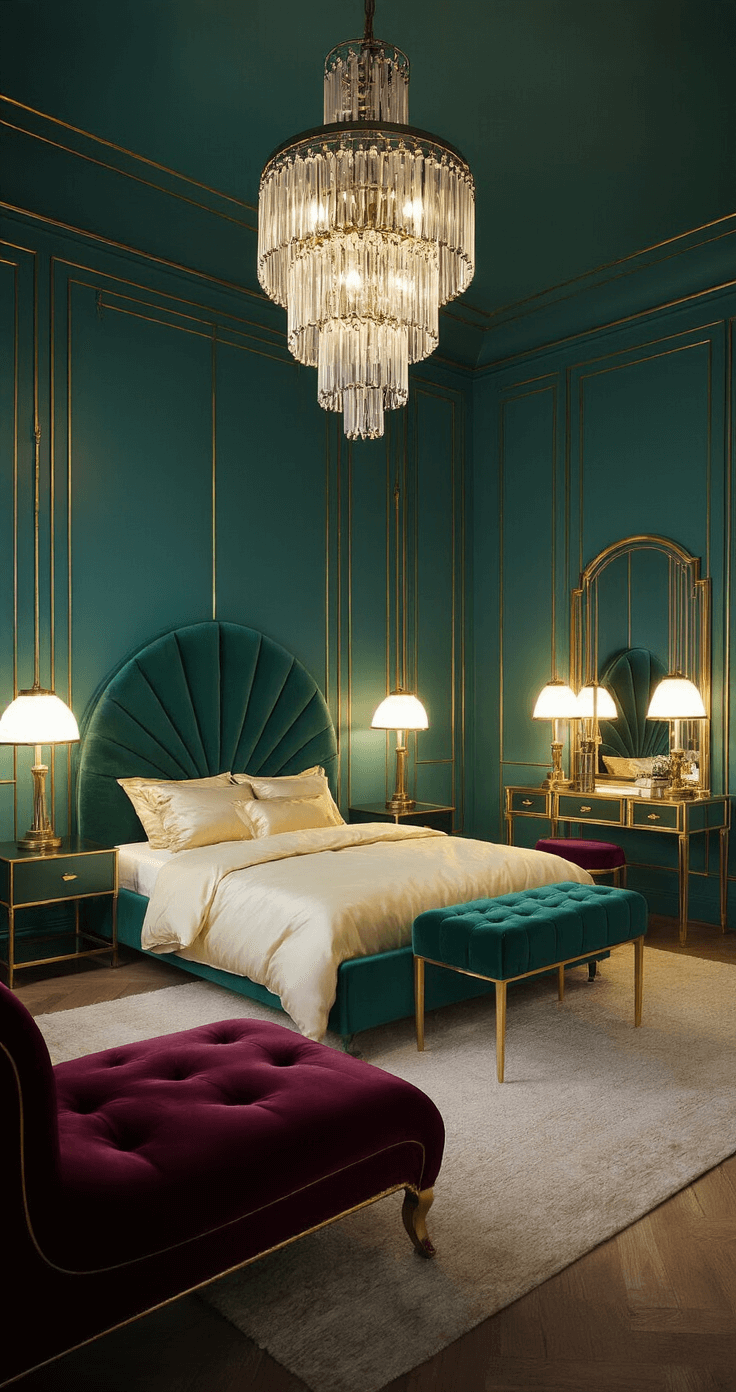 Creating a Small Cozy Bedroom: Your Personal Retreat in 2-4 Hours A luxurious Art Deco-inspired bedroom with deep teal walls and gold accents, featuring a king-sized emerald green velvet bed, silk bedding, brass table lamps, a mirrored vanity, a burgundy chaise lounge, and a sparkling chandelier, illuminated by evening light.