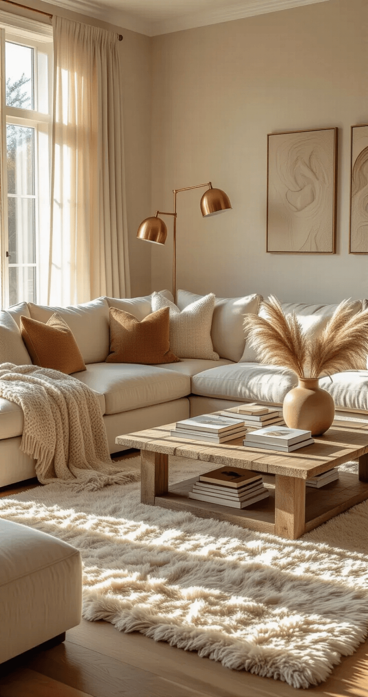 Cozy Living: How to Create a Warm and Inviting Home A cozy 20x15 ft living room filled with warm afternoon sunlight, featuring a beige sectional with earthy throw pillows, a chunky cream blanket, a faux fur rug, a distressed wood coffee table with art books and pampas grass, copper floor lamps, and a gallery of black and white family photos on warm greige walls.