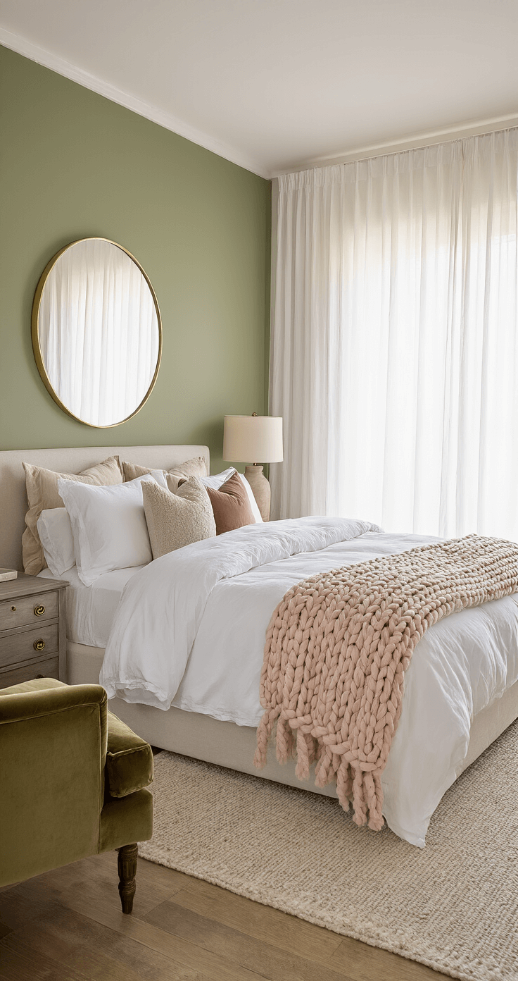 Cozy Living: How to Create a Warm and Inviting Home An intimate 12x12 ft bedroom featuring a king-size bed with a white duvet and blush throw, illuminated by golden hour light through sheer curtains, with olive green velvet armchair, rustic dresser, and warm ambiance from ceramic lamps.