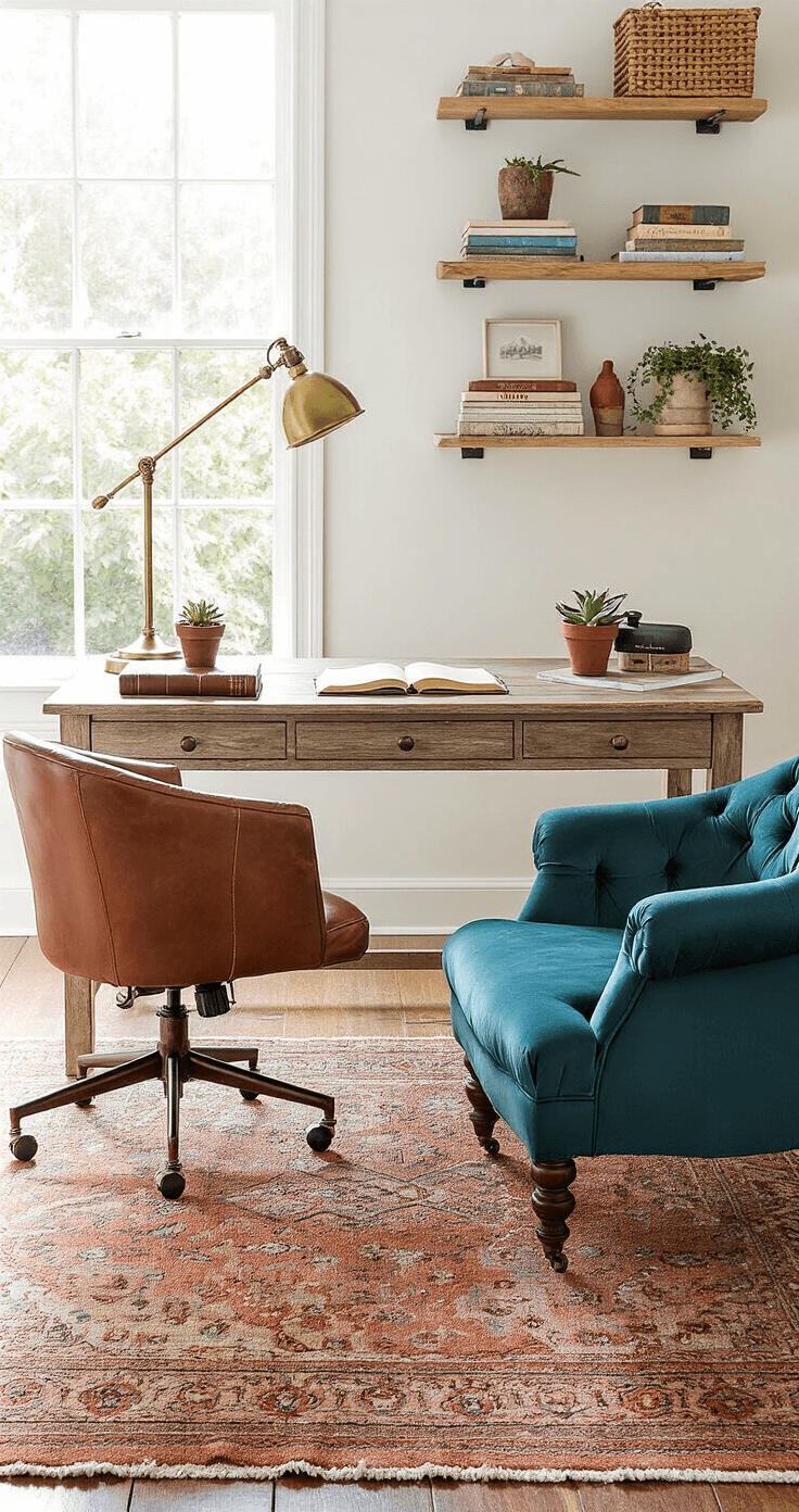 Cozy Living: How to Create a Warm and Inviting Home A cozy and bright home office featuring a weathered wood desk with a brass lamp, leather-bound notebooks, and a potted succulent, surrounded by floating shelves and a reading nook with a teal velvet armchair, all bathed in morning light.