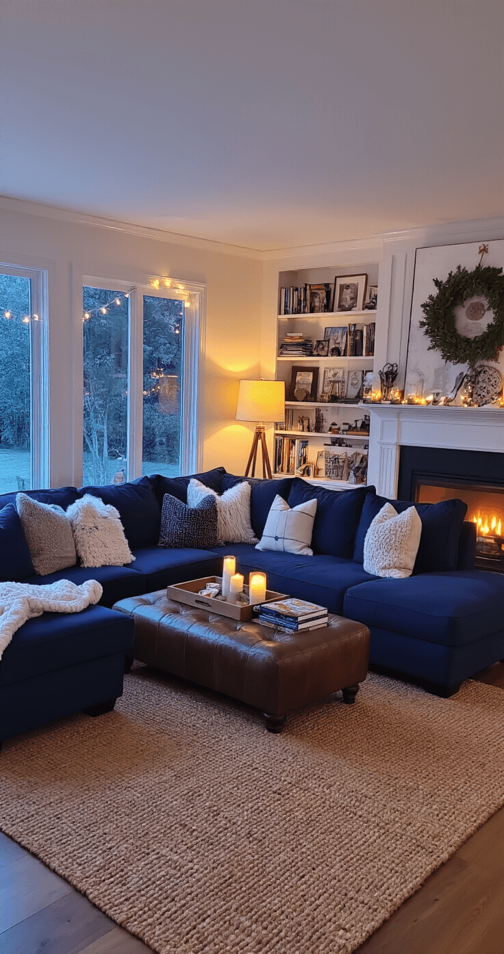 Cozy Living: How to Create a Warm and Inviting Home A cozy family room with a large navy blue sectional, an ottoman, and built-in bookshelves, warmly illuminated by string lights and table lamps, featuring a jute rug and plants, as dusk settles outside.