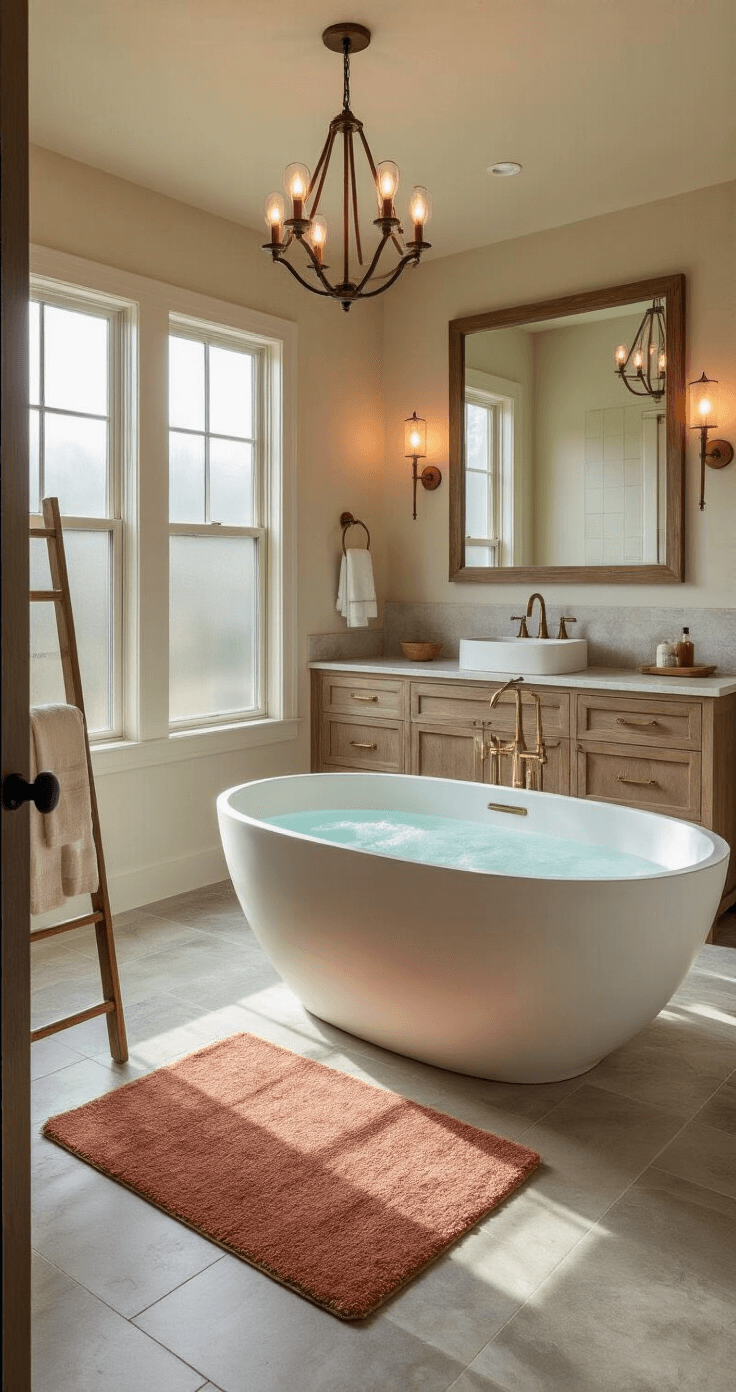 Cozy Living: How to Create a Warm and Inviting Home A luxurious master bathroom featuring a freestanding white bathtub, double vanity with warm wood accents, and large frosted glass windows, all bathed in soft morning light.