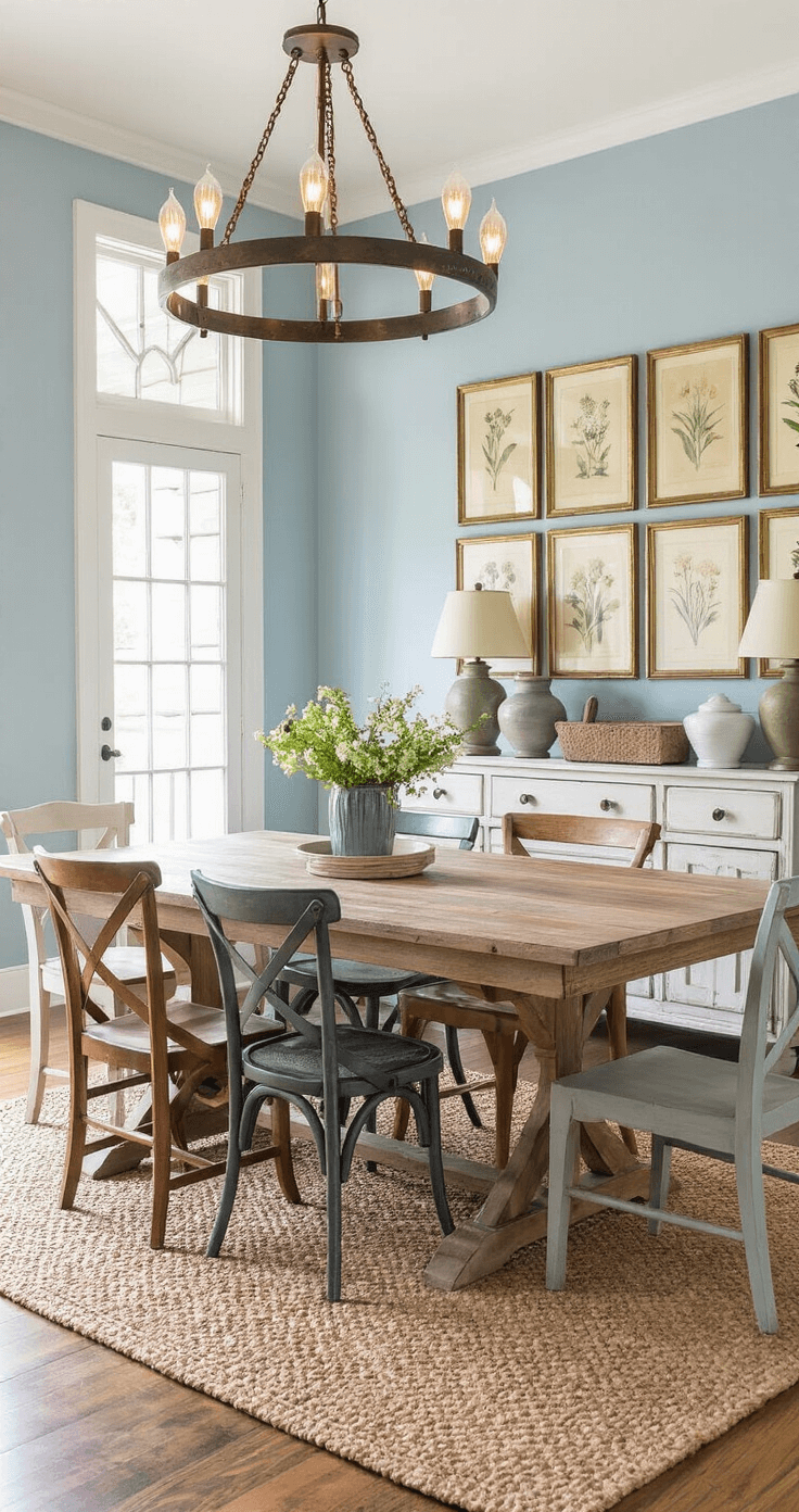 Cozy Living: How to Create a Warm and Inviting Home A cozy dining room featuring a reclaimed wood table surrounded by mismatched chairs, illuminated by a warm chandelier, with soft blue walls, vintage decor, a sideboard, and a jute rug.