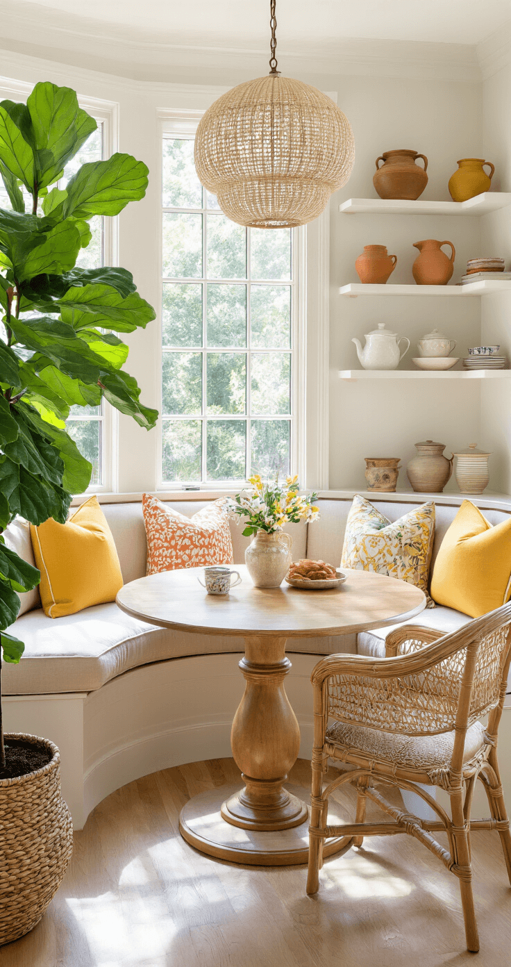 Cozy Living: How to Create a Warm and Inviting Home A bright and inviting breakfast nook featuring a round oak pedestal table surrounded by a curved banquette and rattan chairs, colorful throw pillows, a capiz shell pendant light, open shelving with earthenware pottery, a fiddle leaf fig tree, warm white walls with a colorful abstract painting, and a sisal rug over light hardwood floors, all bathed in morning sunlight.