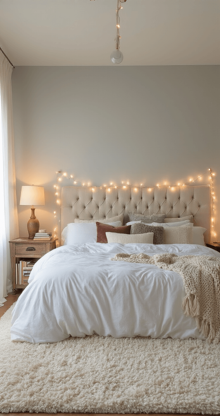 Cozy Bedroom Bliss: Your Ultimate Guide to Creating a Dreamy Sleep Sanctuary A cozy 12x14 foot bedroom featuring a king-size bed with a white duvet and diverse textured pillows, a cream shag rug, a rustic nightstand with a lamp and books, string lights around a tufted headboard, and pale gray walls with a navy blue accent wall, all illuminated by soft afternoon light.
