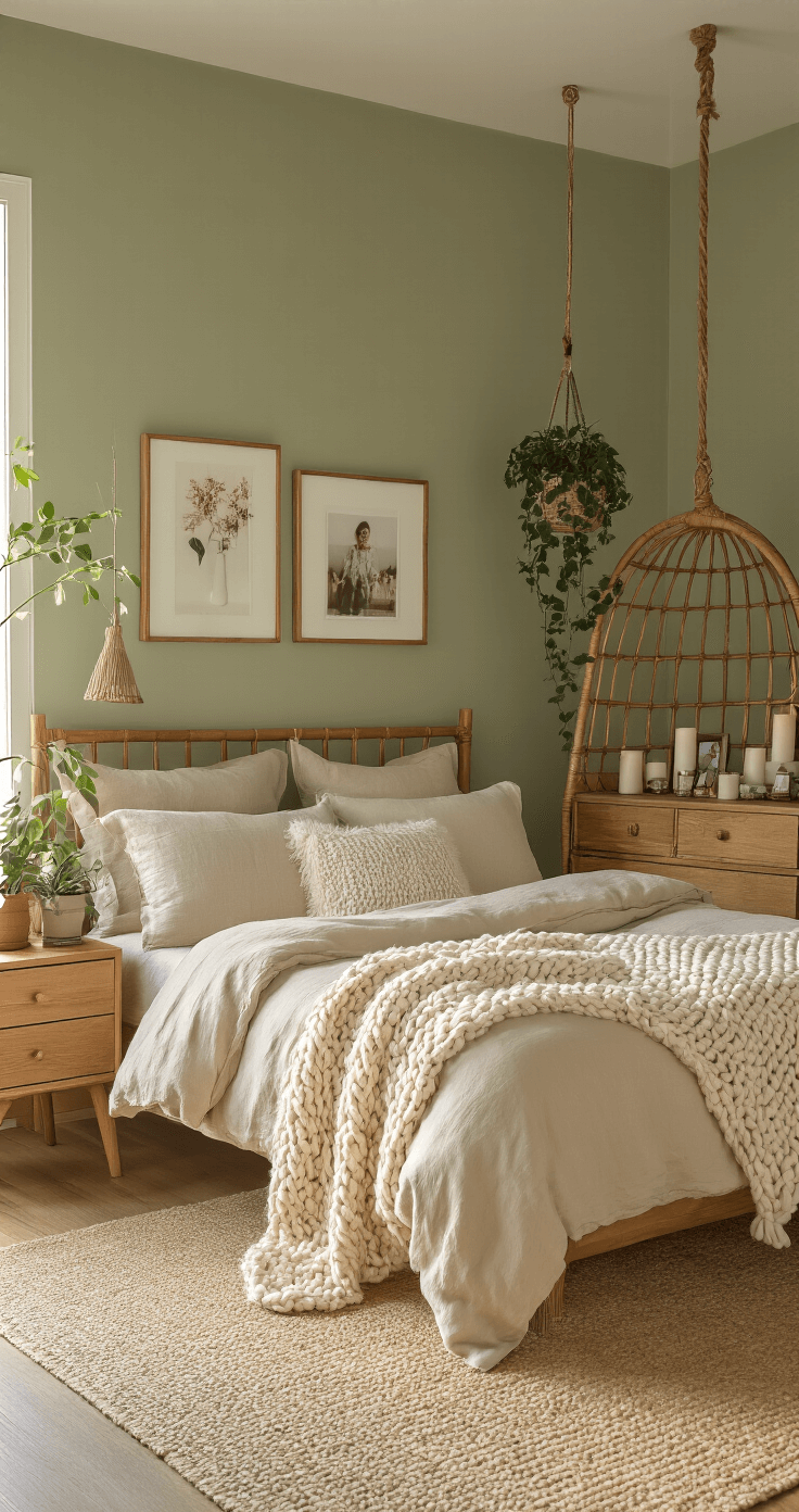 Cozy Bedroom Bliss: Your Ultimate Guide to Creating a Dreamy Sleep Sanctuary A cozy 10x12 foot bedroom featuring a queen-size bed with a beige linen duvet, wooden nightstands, and a chunky knit throw. The room is illuminated by the warm glow of a setting sun, highlighting a rattan hanging chair with a faux fur cushion and surrounded by potted plants. The muted sage green walls and vintage dresser with family photos create a serene, nature-inspired atmosphere.