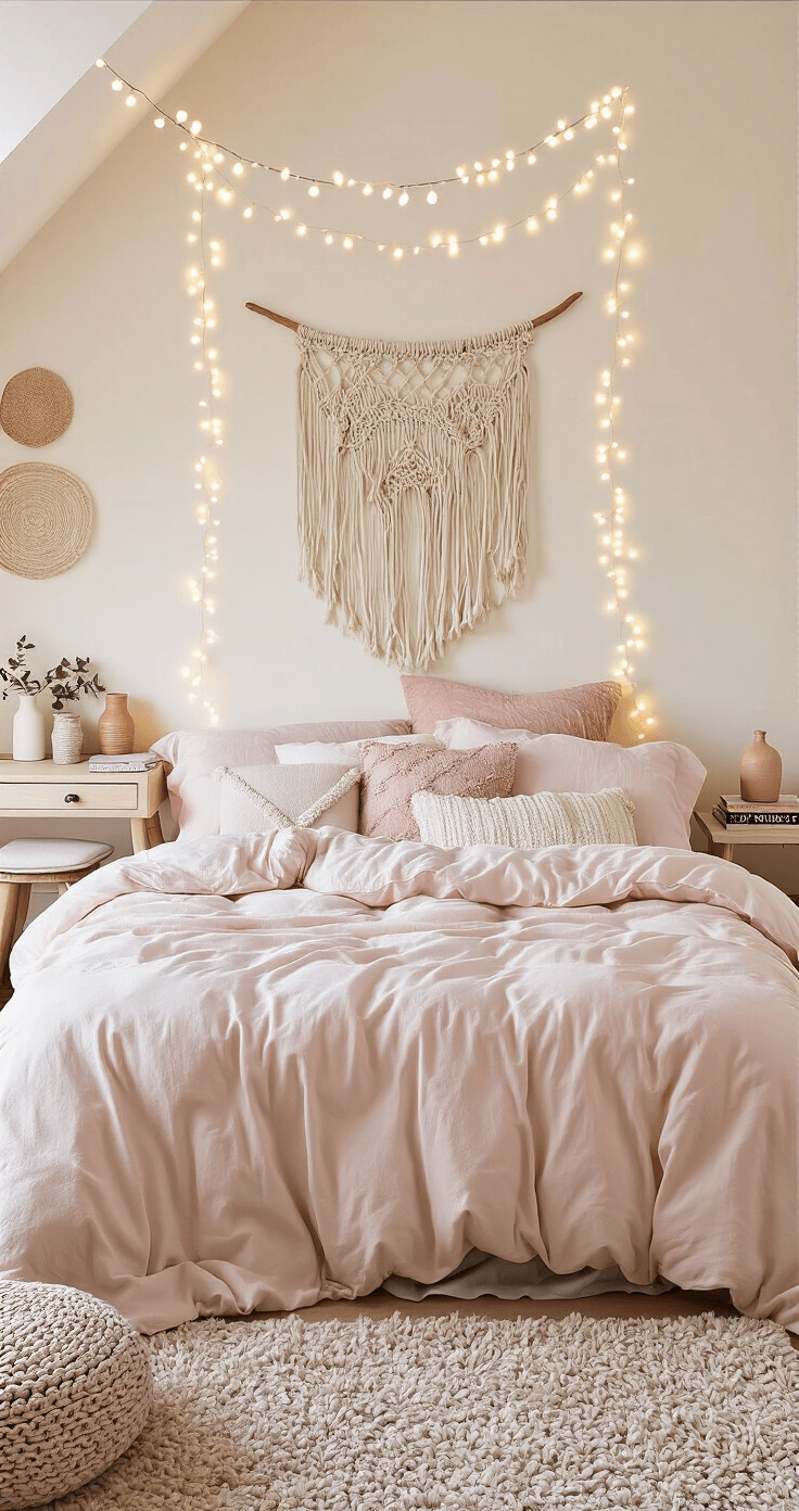 Cozy Bedroom Bliss: Your Ultimate Guide to Creating a Dreamy Sleep Sanctuary A cozy bedroom featuring a full-size bed with a pink duvet and assorted pillows, illuminated by soft morning light. A macramé wall hanging serves as a headboard, and a small wooden desk beside the bed holds a lamp and journals. Fairy lights hang from the ceiling, creating a starry effect against warm off-white walls.