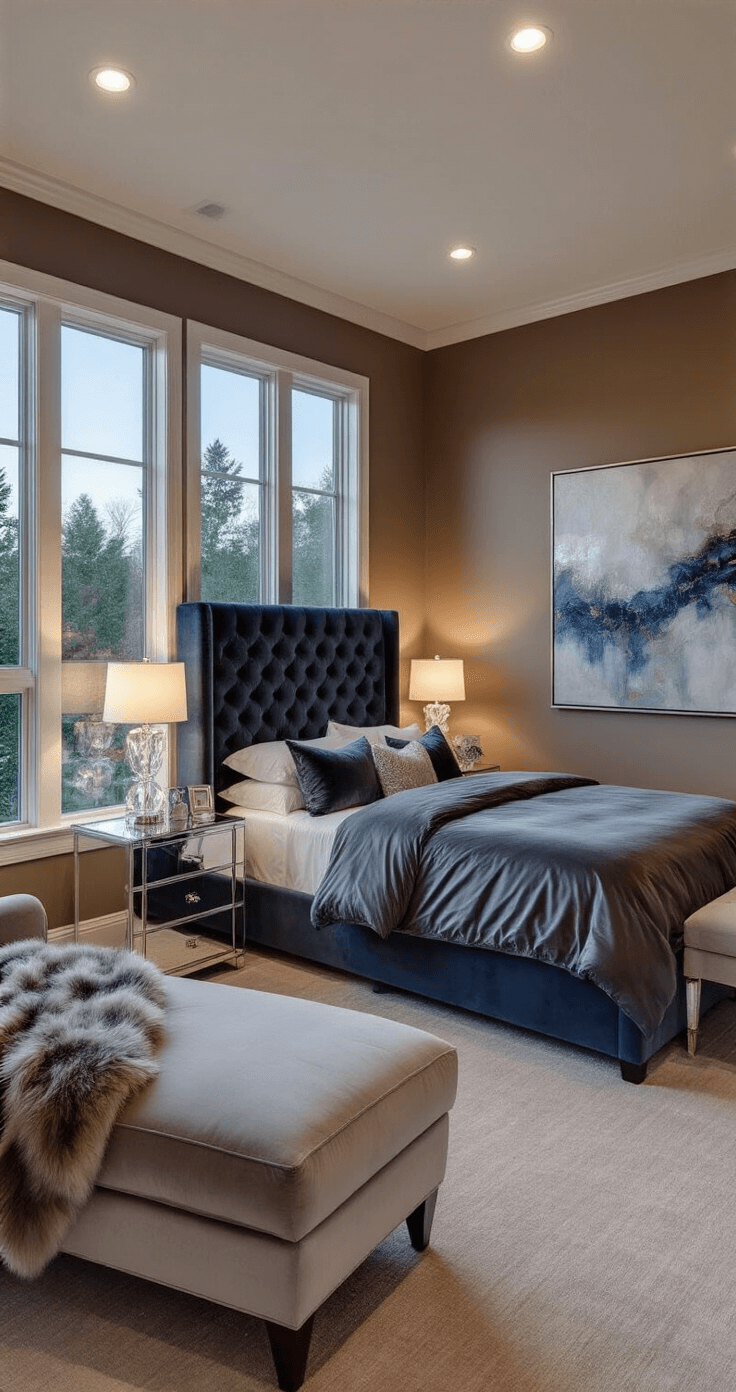 Cozy Bedroom Bliss: Your Ultimate Guide to Creating a Dreamy Sleep Sanctuary Luxurious master bedroom with moonlight through floor-to-ceiling windows, featuring a California king bed with gray silk sheets, navy tufted headboard, mirrored nightstands with crystal lamps, a pale gray chaise lounge, taupe walls, and an abstract blue and silver painting.