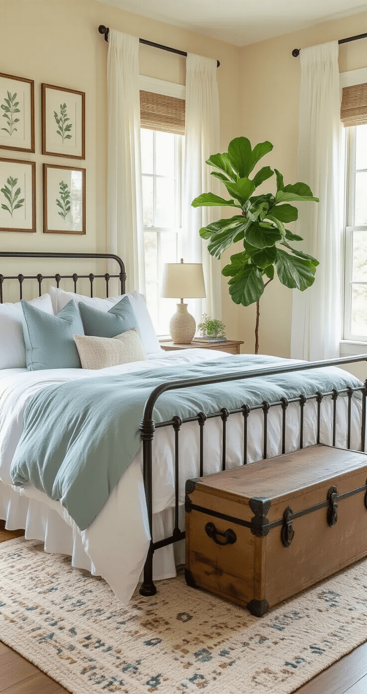 Cozy Bedroom Bliss: Your Ultimate Guide to Creating a Dreamy Sleep Sanctuary A cozy 11x13 foot bedroom bathed in morning sunlight, featuring a wrought iron queen-size bed with a cloud-like white duvet and mismatched dusty blue and soft green pillows. A distressed wooden trunk at the foot of the bed provides storage and seating. Sheer white curtains flutter by an open window, while warm cream walls showcase a gallery of botanical prints. A fiddle leaf fig tree adds a natural element, creating a fresh, airy cottage-like atmosphere.