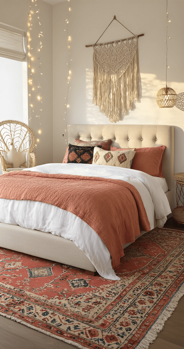 Cozy Bedroom Bliss: Your Ultimate Guide to Creating a Dreamy Sleep Sanctuary An eclectic bedroom with a low-profile platform bed dressed in layered bedding, illuminated by sunset, featuring a Moroccan rug, a macramé wall hanging with string lights, and a rattan peacock chair, all set against warm white walls.